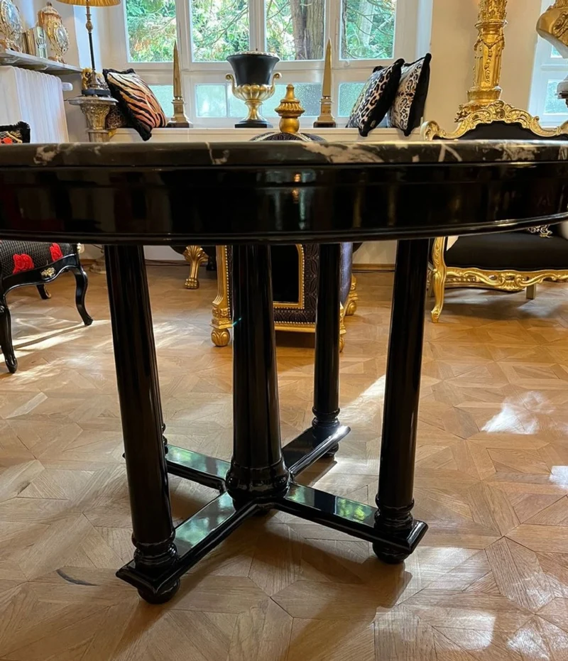 Casa Padrino Luxus Esstisch Schwarz Ø 120 x H. 80 cm - Runder Massivholz Küchentisch mit Marmorplatte - Esszimmer Möbel - Luxus Möbel