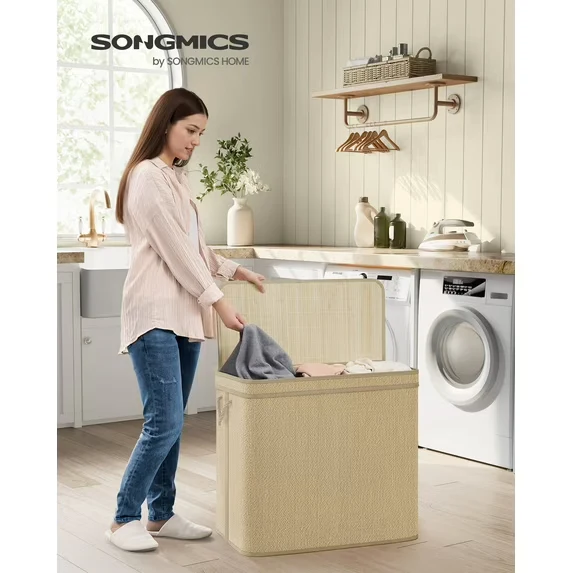 3-Section Laundry Hamper with Removable Liners, 44.9 Gallon Bamboo Clothes Sorter with Lid, Natural Color