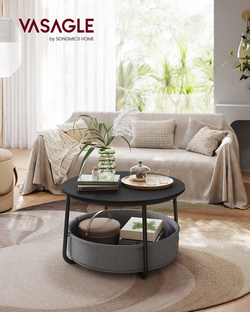 Coffee Table with Storage, Round Center Table for Living Room with Fabric Basket, Modern Style, Metal Frame, Ink Black and Slate Gray