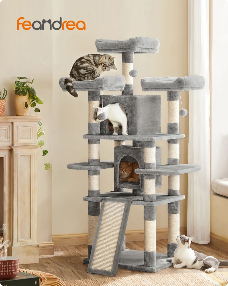 67-Inch Multi-Level Cat Tree for Large Cats, with Cozy Perches, Stable, Light Gray