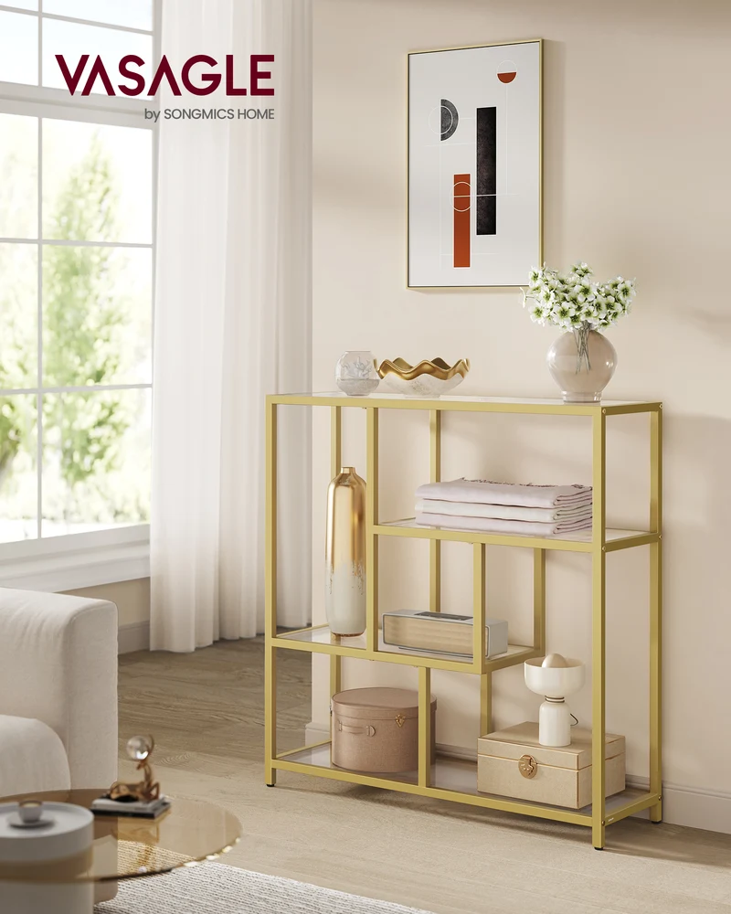 Transparent and Pale Gold 4 - Tier Bookcase - 11.8 x 39.4 x 40.6 Inches Freestanding Shelf. Ideal for Living Room, Office, Bedroom & Kitchen Storage