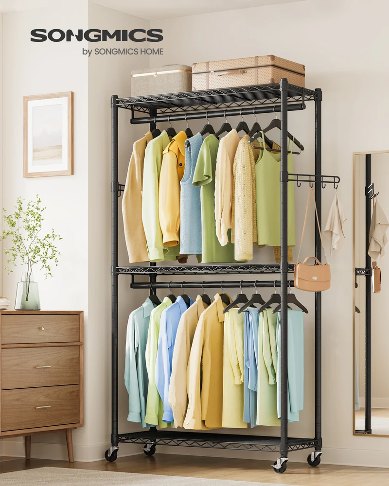 Garment Rack, Heavy-Duty Rolling Clothes Rack, Portable Closet Rack, 35.4-Inch Wide Clothing Rack with Adjustable Mesh Shelves and Hanging Rails, Hooks, Ink Black