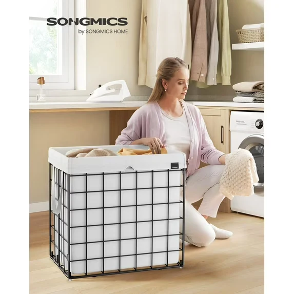 34.3 Gal Laundry Hamper, Collapsible Clothes Basket with Removable Washable Liner & Metal Frame, 66 lb Capacity for Bedroom Bathroom, Cream White