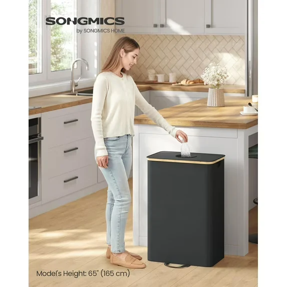 26 Gallon Recycling Bin for Kitchen, Bottle Recycling Container with Inner Bag & Collection Hole, Foldable Design for Metal Plastic Paper Glass, Ink Black & Beige