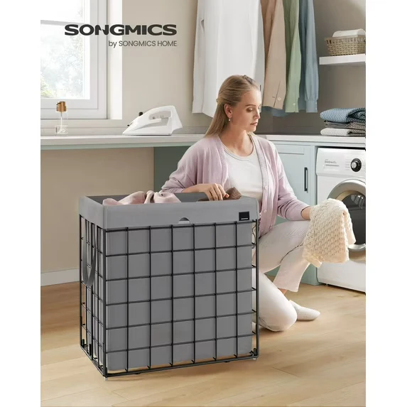 34.3 Gal Laundry Hamper, Collapsible Clothes Basket with Removable Washable Liner & Metal Frame, 66 lb Capacity for Bedroom Bathroom, Black and Gray