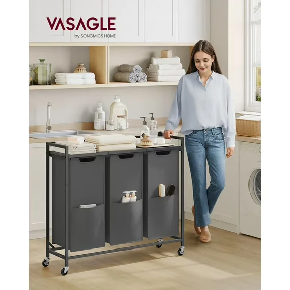 3-Compartment Laundry Sorter Cart with Removable Bags, 43.5 Gallon Rolling Hamper with Top Shelf and Braked Wheels, Slate Gray