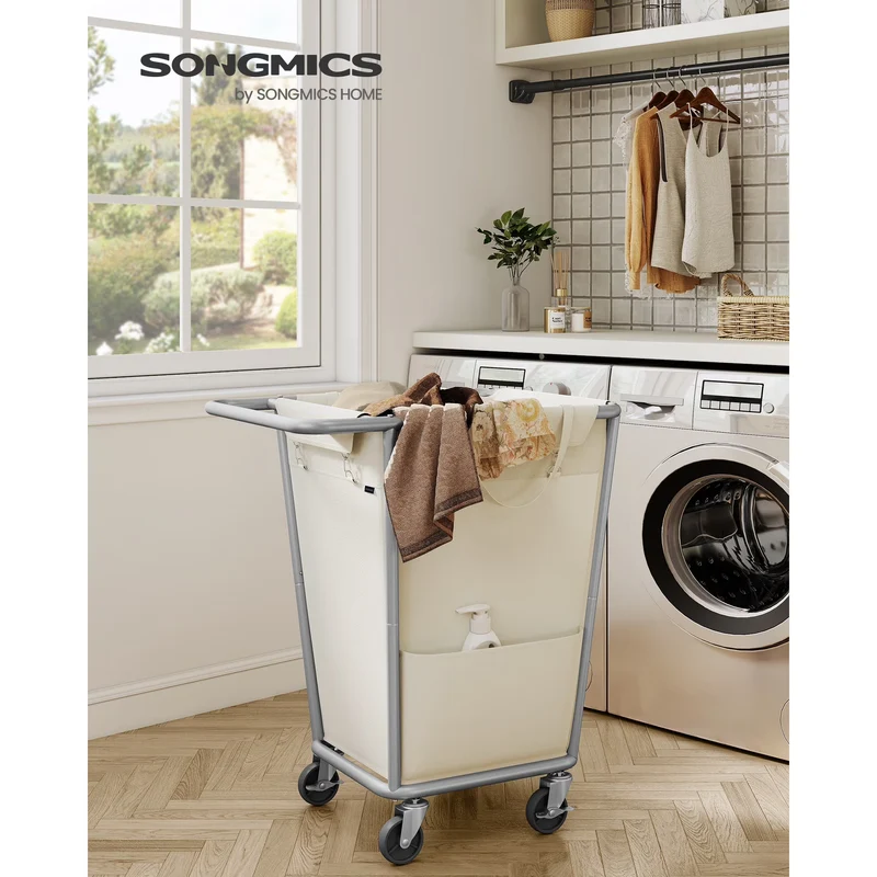 Laundry Basket with Wheels, Removable Bag, Steel Frame, 34.3 Gallons (130 L), White