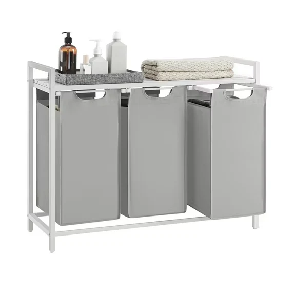 3-Bag Laundry Sorter Cart with Removable Washable Bags, Ventilated Top Shelf and Locking Wheels, 31.7 Gallon Capacity, Dove Gray