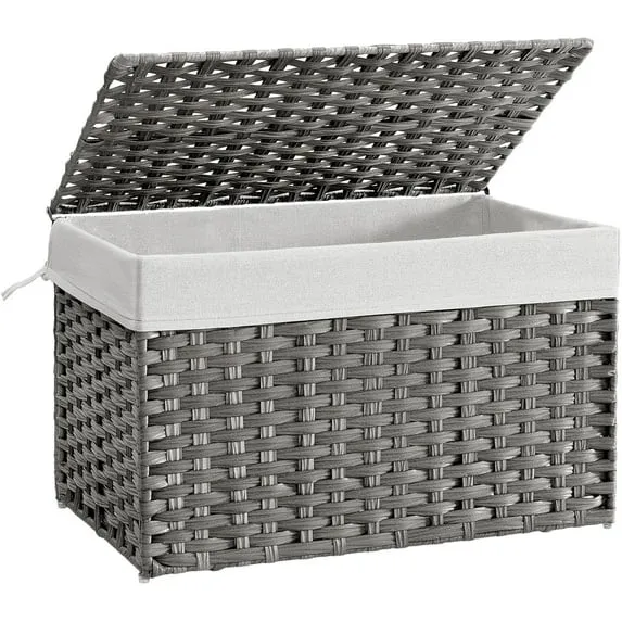 Storage Basket with Lid, 27.7 Gallon Storage Bin, Woven Blanket Storage Basket with Handles Removable Liner for Bedroom, Laundry Room, Gray