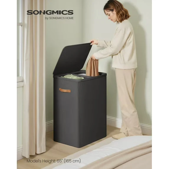 44.9 Gal Large Laundry Hamper with Lid, 2 Compartment Dirty Clothes Basket, Removable Inner Bags & Handles, 22x15.7x29.5 Inches, Ink Black