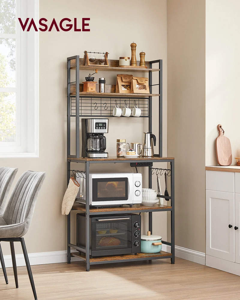 Hutch Bakers Rack with Power Outlet, 14 Hooks Microwave Stand, Adjustable Coffee Bar , Kitchen Storage Shelf, 15.7 x 31.5 x 66.9 Inches