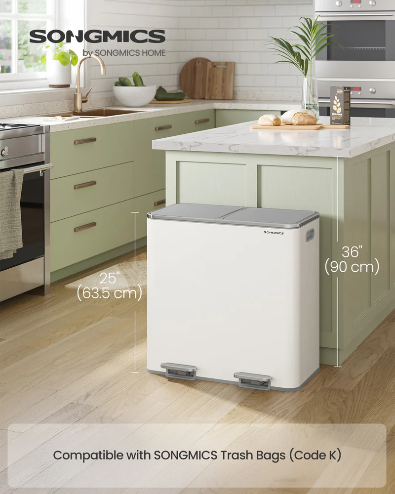 10.6 Gallon Dual Compartment Trash Can - Hands-Free Pedal Kitchen Bin with 15 Bags, Airtight Lids & Removable Buckets, White and Gray