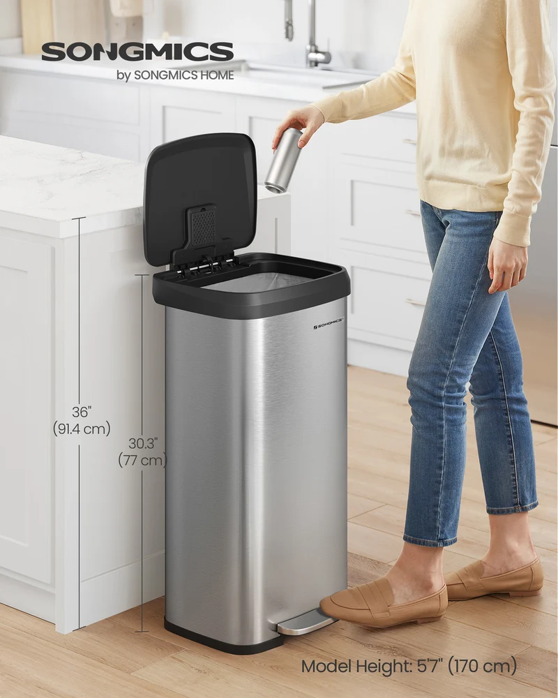 Kitchen Trash Can 18 Gallon Stainless Steel Garbage Can Recycle Bin with Stay-Open Lid and Step-on Pedal Silver and Black