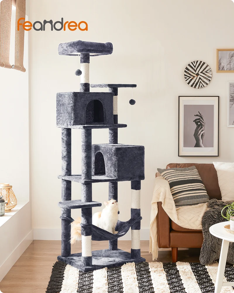 75.2-Inch Cat Tree Cat Tower for Indoor Cats,Plush Multi-Level Cat Condo with 5 Scratching Posts, 2 Perches, 2 Caves, Hammock, 2 Pompoms, Smoky Gray