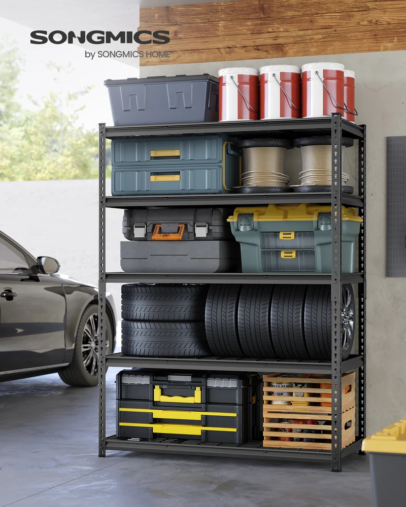 5-Tier Storage Shelves, Heavy-Duty Garage Shelving, Adjustable Shelving Unit, Steel Shelf, Boltless Assembly, for Garage, Shed, 2,200 lb Load, 24 x 48 x 72 Inches, Ink Black