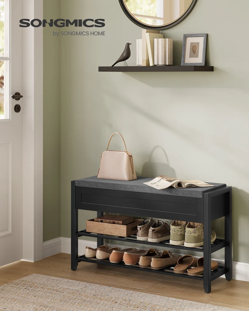 2-Tier Bamboo Shoe Bench with Hidden Storage, 31.5 Inch Entryway Organizer, Multi-Use Shelf for Shoes & Décor, Ink Black