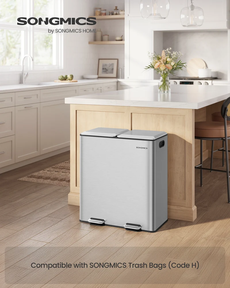 Double Trash Bin, 16 Gallon Stainless Steel Trash Can, Soft-Close Lids, Double Inner Buckets, Pedals, Silver
