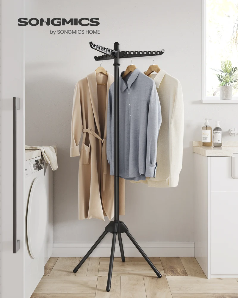 Clothes Drying Rack 59" Foldable Laundry Drying Rack with 27 Clips 3 Rotatable Arms 4 Legs Stainless Steel Black