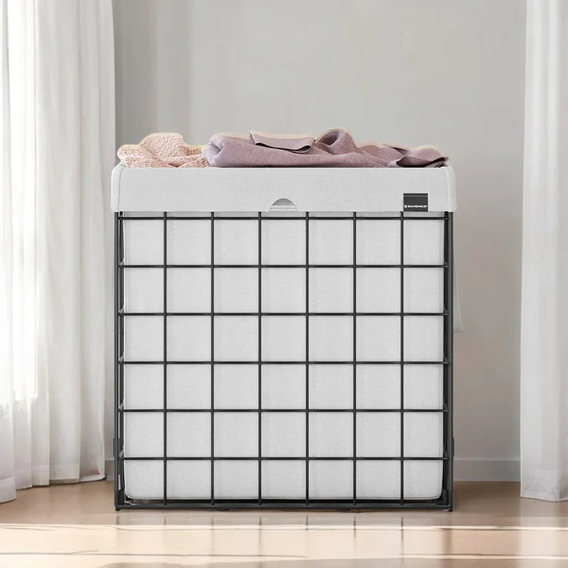 Cream White Laundry Hamper - 29 Gal. (110L) Laundry Basket with Collapsible Design. Features a Removable and Washable Liner, Metal Wire Frame