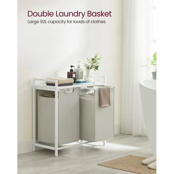 Laundry Hamper, Laundry Basket, Laundry Sorter with 2 Pull-Out and Removable Bags, Shelf, Metal Frame, 2 x 12.1 Gallons