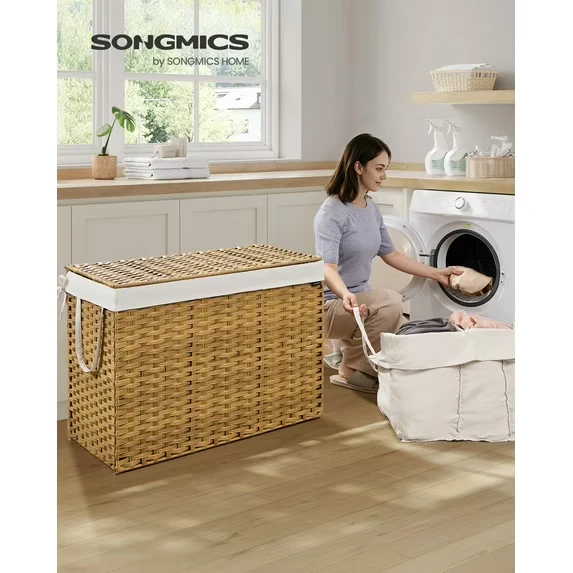 Natural Woven Laundry Hamper with Lid, Breathable Fabric Clothes Basket, Foldable Storage Bin for Home Organization，Natural