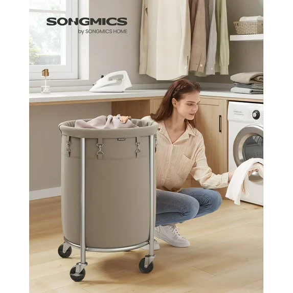 29-Gallon Rolling Laundry Hamper with Steel Frame, 4 Casters & 2 Brakes, Includes Removable Bag, Camel Brown and Metallic Silver