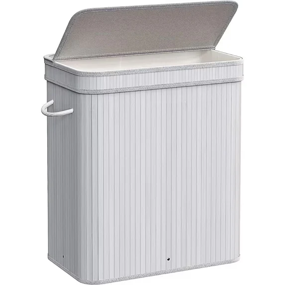 100L Laundry Hamper with Lid Bamboo Laundry Basket with Liner Bag Foldable Storage Hamper with Handles Gray