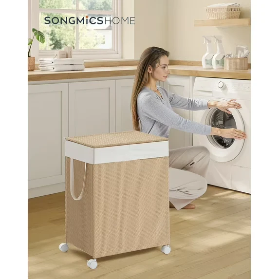 2-Compartment Rolling Laundry Hamper, 100L Capacity, Rattan-Style with Lid, Removable Washable Liner, Natural Beige and Matte White