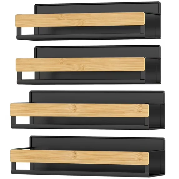 4-Pack Magnetic Spice Rack Set, 2 Large & 2 Small No-Drill Refrigerator Shelves, 10 lb Capacity per Shelf, for Kitchen Organization, Ink Black & Light Bamboo