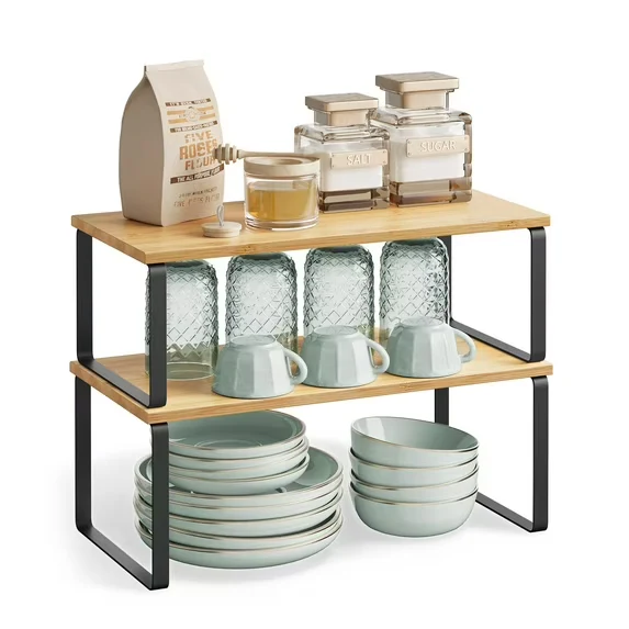 SONGMICS 2 Pack Cabinet Organizer Shelf, Kitchen Counter Shelves, Kitchen Storage, Spice Rack, Stackable, Expandable, Metal and Engineered Wood, Ink Black and Natural Beige