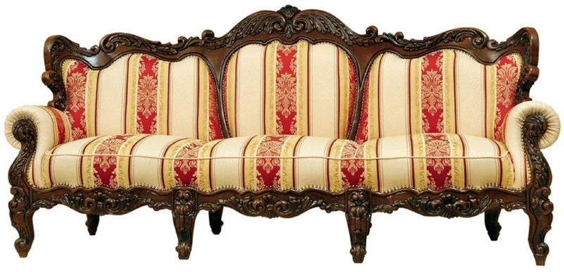 Casa Padrino Luxus Barock Sofa mit Streifen Creme / Gelb / Rot / Dunkelbraun - Gestreiftes Wohnzimmer Sofa im Barockstil - Barock Wohnzimmer Möbel - Edel & Prunkvoll