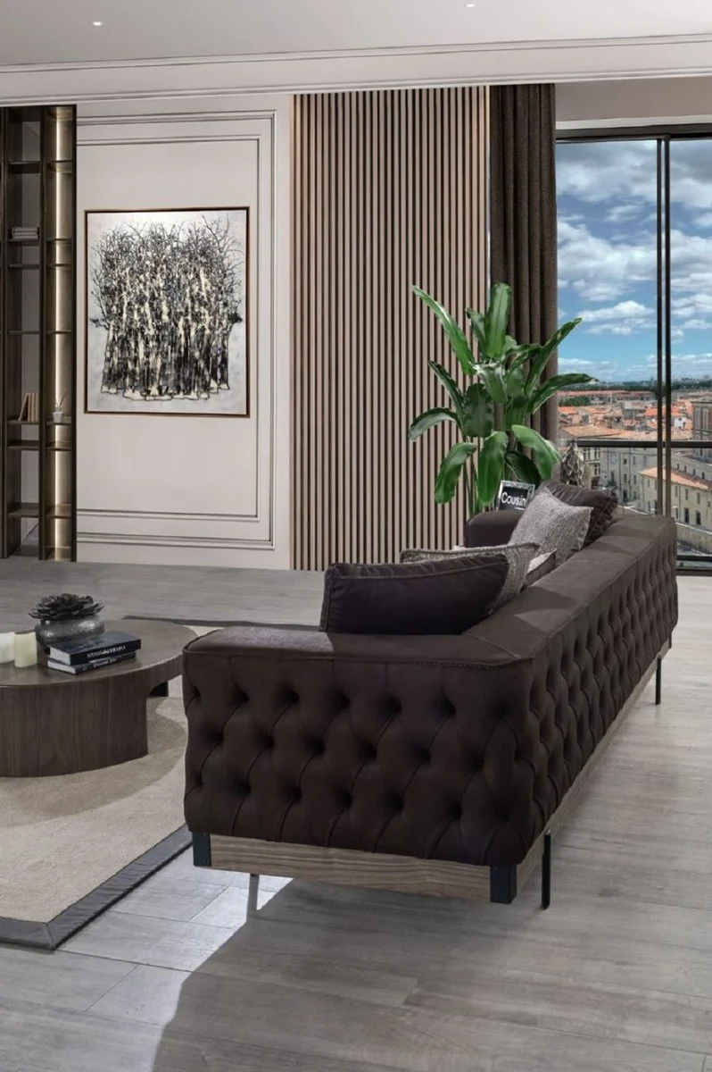 Casa Padrino Luxus Chesterfield 3er Sofa Braun / Schwarz 240 x 96 x H. 75 cm - Wohnzimmer Sofa - Hotel Sofa - Wohnzimmer Möbel - Chesterfield Möbel - Luxus Möbel - Luxus Einrichtung