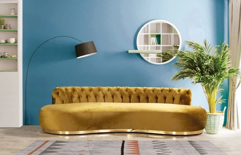 Casa Padrino Luxus Chesterfield Sofa Gold 250 x 130 x H. 85 cm - Gebogenes Wohnzimmer Sofa - Hotel Sofa - Wohnzimmer Möbel - Chesterfield Möbel - Luxus Möbel - Luxus Einrichtung