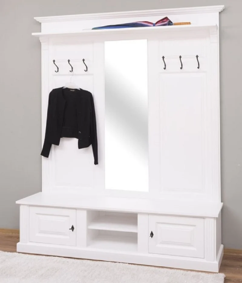 Casa Padrino Landhausstil Garderobe Weiß 180 x 41 x H. 210 cm - Massivholz Garderobenschrank mit Spiegel - Massivholz Garderobenmöbel - Landhausstil Garderobenmöbel