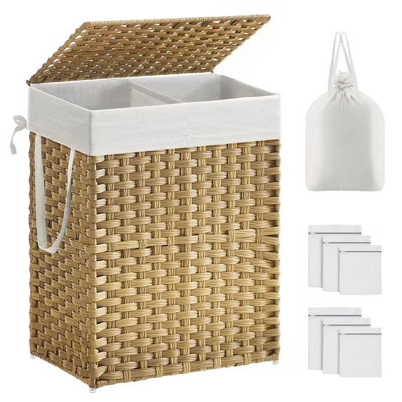90L Laundry Hamper Basket with Lid Clothes Hamper with 2 Removable Liner Bags & 6 Mesh Bags Wicker Laundry Basket for Laundry Room Natural