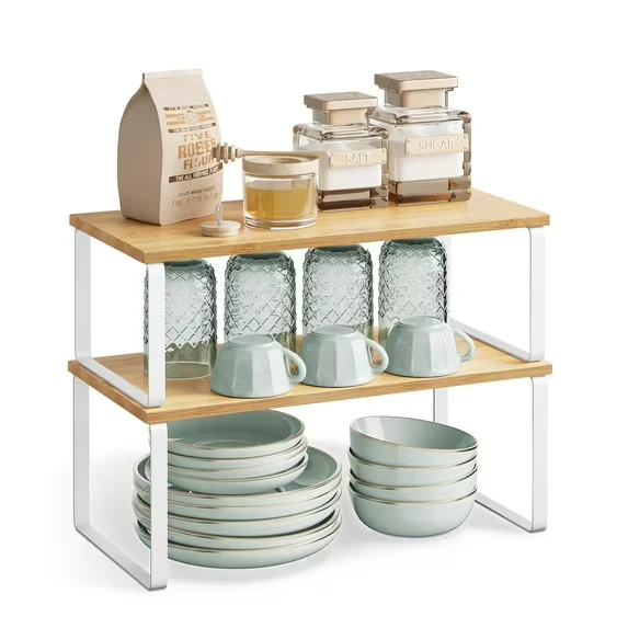 2 Pack Cabinet Organizer Shelf, Kitchen Counter Shelves, Kitchen Storage, Spice Rack, Stackable, Expandable, Metal and Engineered Wood, Cloud White and Natural Beige