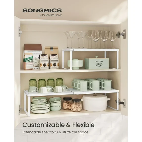 Kitchen Counter Shelf, Extendable Cupboard Organizer, Spice Rack, MTetal, Space-Saving, Matte White
