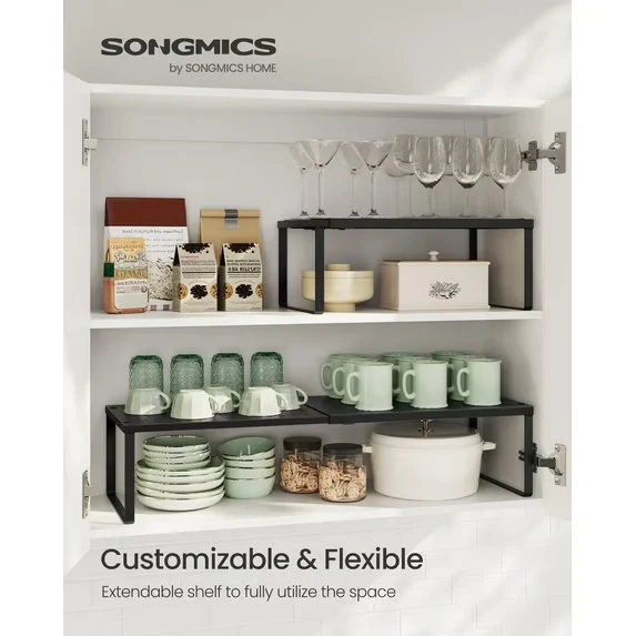 Kitchen Counter Shelf, Extendable Cupboard Organizer, Spice Radck, Metal, Space-Saving, Matte Black