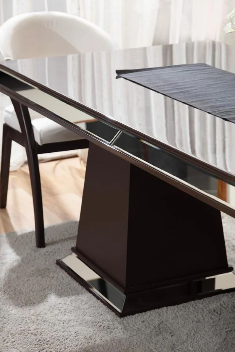 Casa Padrino Luxus Art Deco Esszimmer Set Cremeweiß / Dunkelbraun - 1 Verspiegelter Luxus Art Deco Esstisch & 6 Luxus Art Deco Esszimmerstühle - Luxus Art Deco Esszimmer Möbel