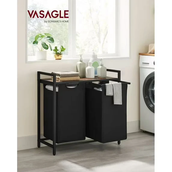 2 Section Laundry Hamper with shelf Laundry Sorter with 2 Pull-Out and Removable Bags for Bathroom Laundry Room Rustic Brown and Black