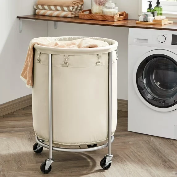 45Gal Round Laundry Sorter Laundry Hamper with Wheels Rolling Laundry Cart with Removable Bag for Laundry Room Cream and Silver