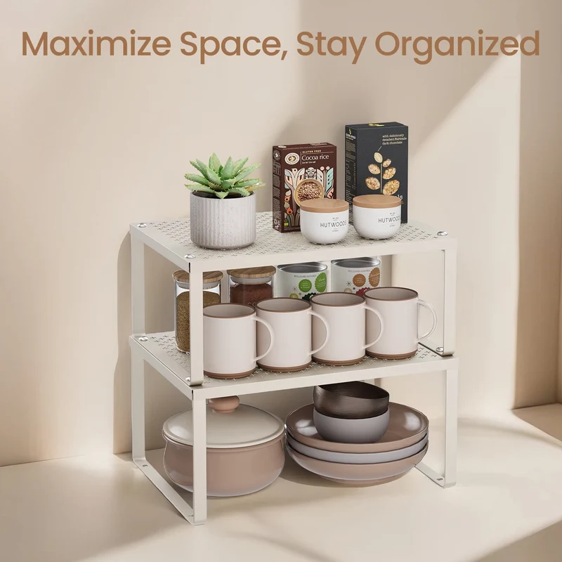 LEDREM 4-Tier Stackable Shelf Organizer - Metal Cabinet & Countertop Riser, Space-Saving Design, Holds 22lbs, Adjustable, Oatmeal Beige