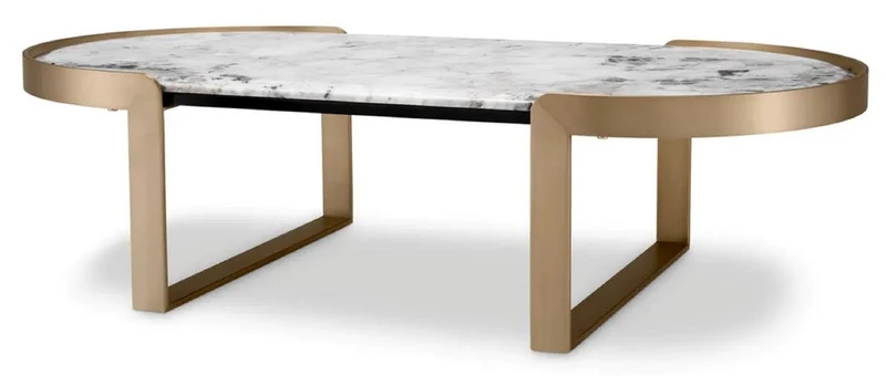 Casa Padrino Luxus Couchtisch Messing / Weiß 120 x 60,5 x H. 32,5 cm - Ovaler Wohnzimmertisch mit Marmorplatte - Wohnzimmer Möbel - Luxus Möbel - Luxus Kollektion