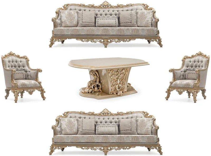 Casa Padrino Luxus Barock Wohnzimmer Set Silber / Grau / Gold - 2 Barock Sofas & 2 Barock Sessel & 1 Barock Couchtisch - Handgefertigte Wohnzimmer Möbel im Barockstil - Edel & Prunkvoll