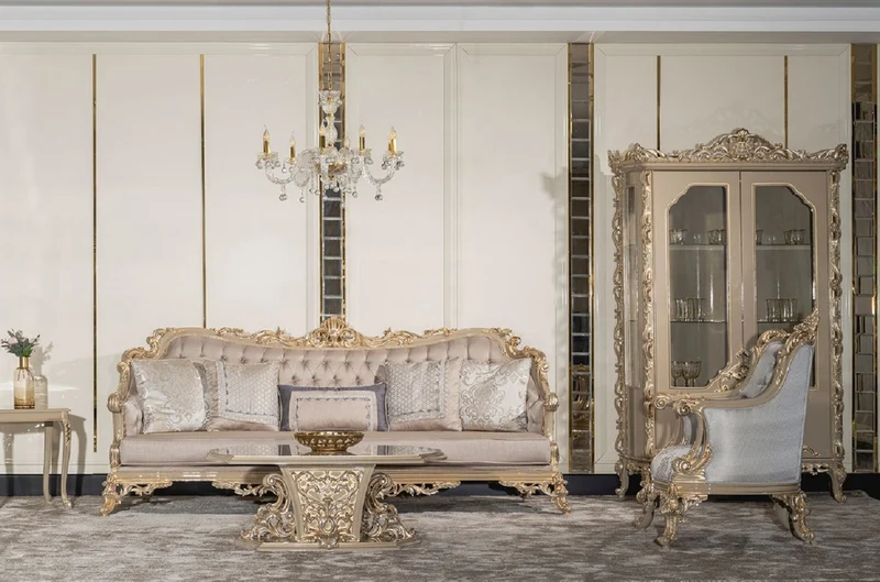 Casa Padrino Luxus Barock Wohnzimmer Set Silber / Grau / Gold - 2 Barock Sofas & 2 Barock Sessel & 1 Barock Couchtisch - Handgefertigte Wohnzimmer Möbel im Barockstil - Edel & Prunkvoll