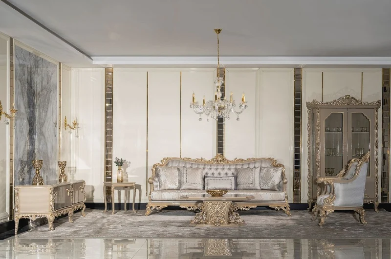 Casa Padrino Luxus Barock Wohnzimmer Set Silber / Grau / Gold - 2 Barock Sofas & 2 Barock Sessel & 1 Barock Couchtisch - Handgefertigte Wohnzimmer Möbel im Barockstil - Edel & Prunkvoll