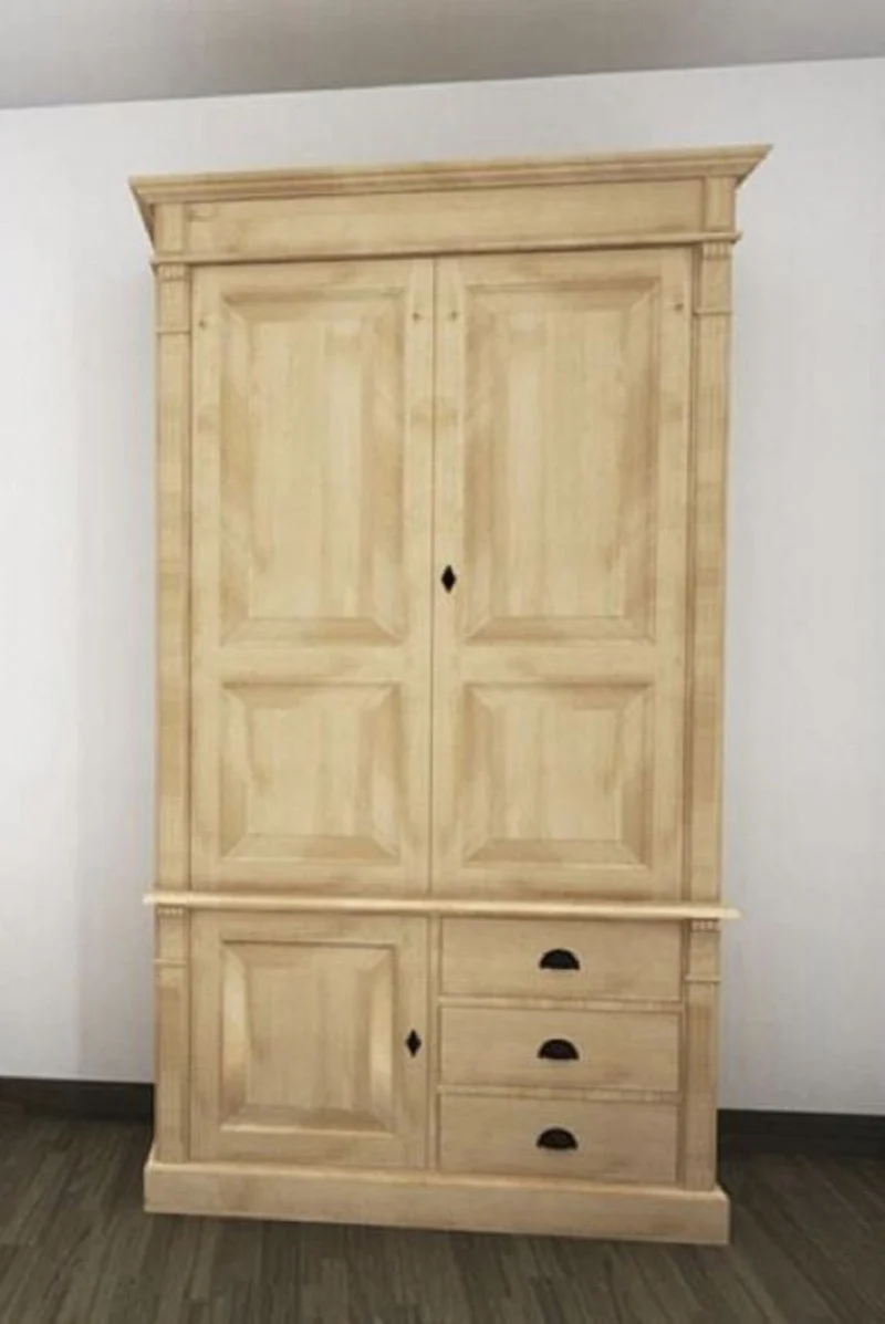Casa Padrino Landhausstil Schlafzimmerschrank Naturfarben 120 x 59 x H. 210 cm - Massivholz Kleiderschrank mit 3 Türen und 3 Schubladen - Massivholz Schlafzimmer Möbel im Landhausstil