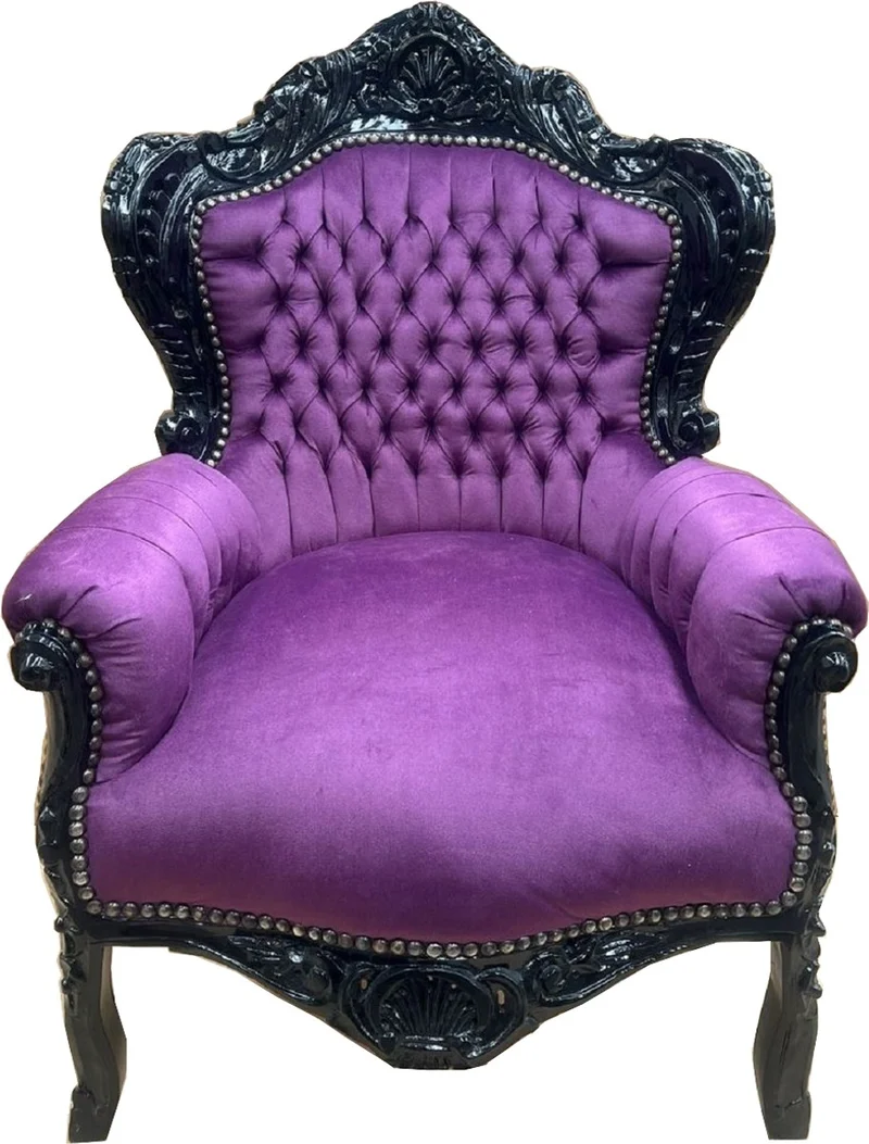 Casa Padrino Barock Samt Sessel Lila / Schwarz - Handgefertigter Massivholz Wohnzimmer Sessel - Antik Stil Wohnzimmer Sessel - Wohnzimmer Möbel im Barockstil - Barock Möbel