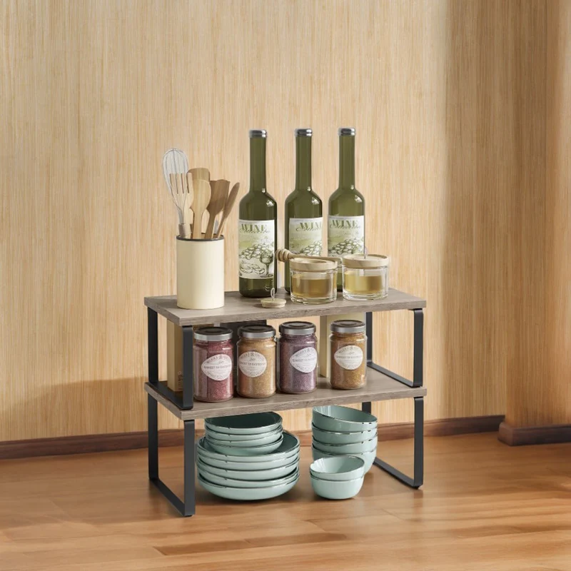 LEDREM 4-Pack Kitchen Organizer Shelves - Stackable, 33lb Capacity, Adjustable Storage Rack, Metal/Wood, Ink Black and Heather Greige