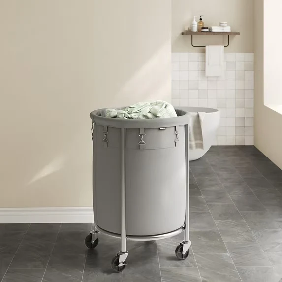 LEDREM 29-Gal Rolling Laundry Cart with Wheels, Steel Frame & Removable Bag, 4 Casters (2 Brakes), Heavy-Duty, Gray and Silver
